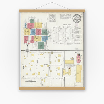 Old map wall art mockup — magnetic wood frame on white wall — Sanborn Fire Insurance Map from McKinney, Collin County, Texas (1902), Sheet #0001