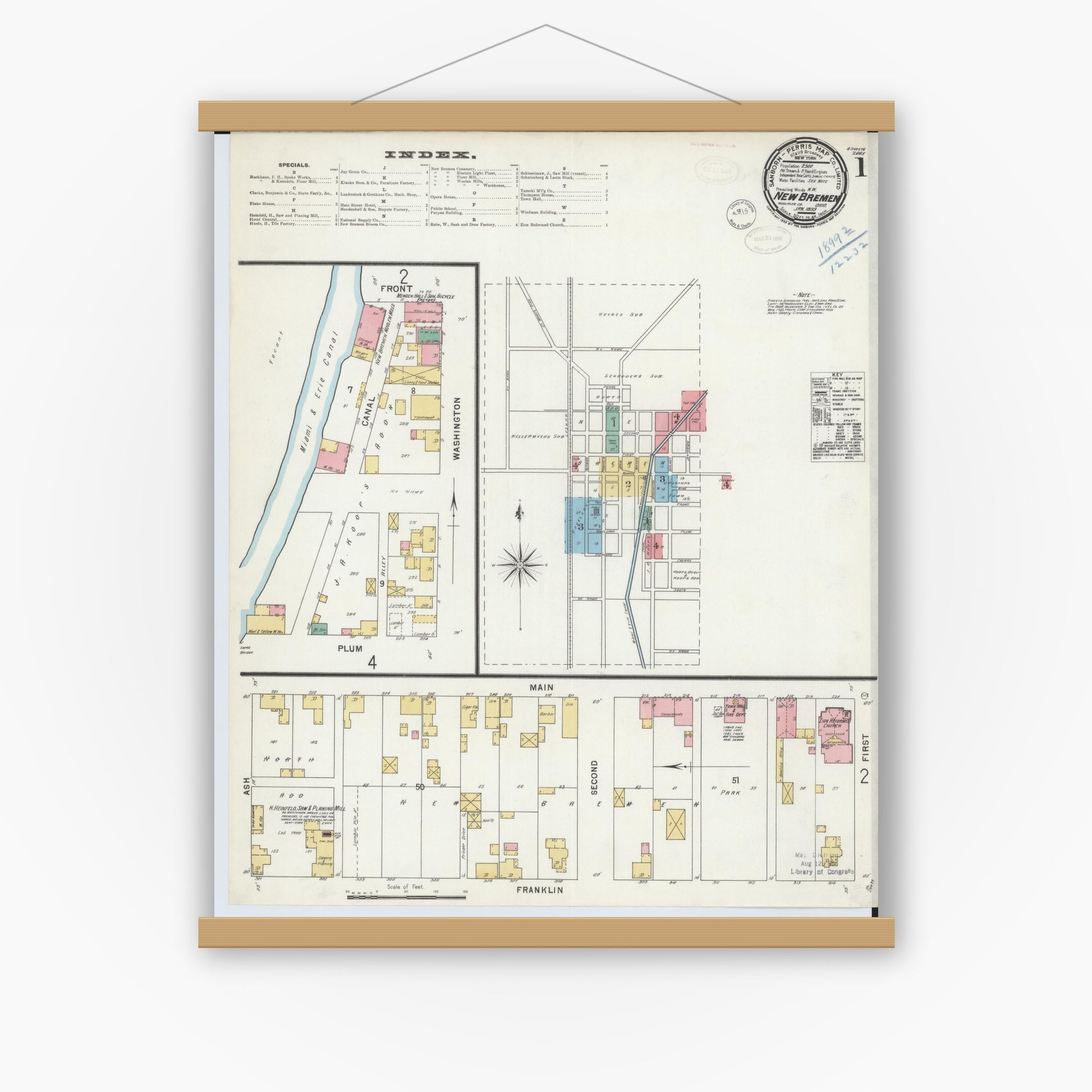Old map wall art mockup — magnetic wood frame on white wall — Sanborn Fire Insurance Map from New Bremen, Auglaize County, Ohio (1899) - Complete Map Set