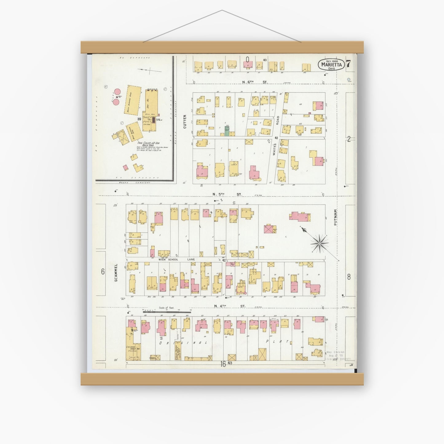 Old map wall art mockup — magnetic wood frame on white wall — Sanborn Fire Insurance Map from Marietta, Washington County, Ohio (1900), Sheet #0007
