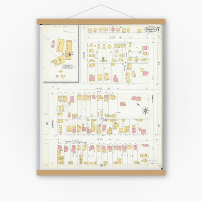 Old map wall art mockup — magnetic wood frame on white wall — Sanborn Fire Insurance Map from Marietta, Washington County, Ohio (1900), Sheet #0007