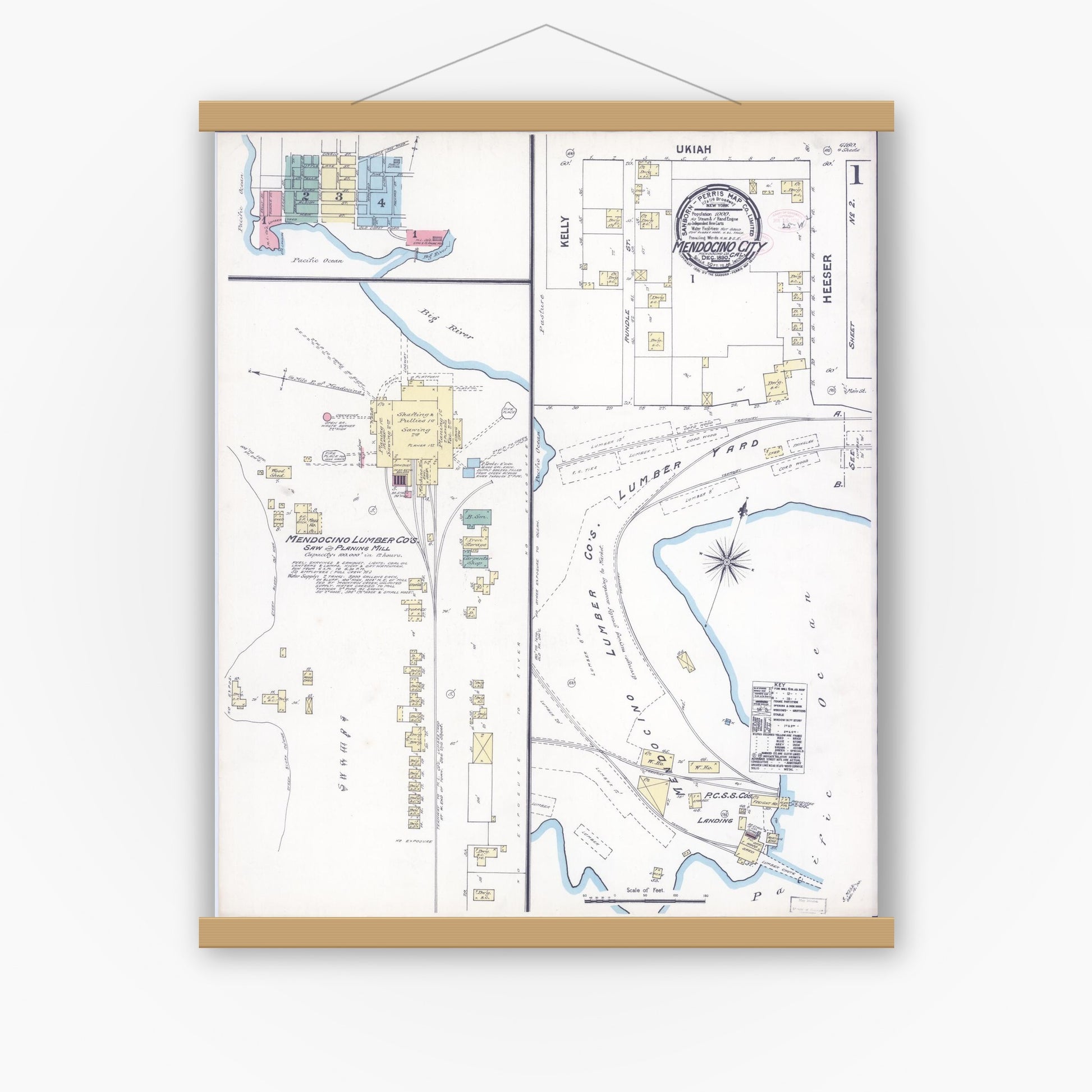 Old map wall art mockup — magnetic wood frame on white wall — Sanborn Fire Insurance Map from Mendocino, Mendocino County, California (1890), Sheet #0001