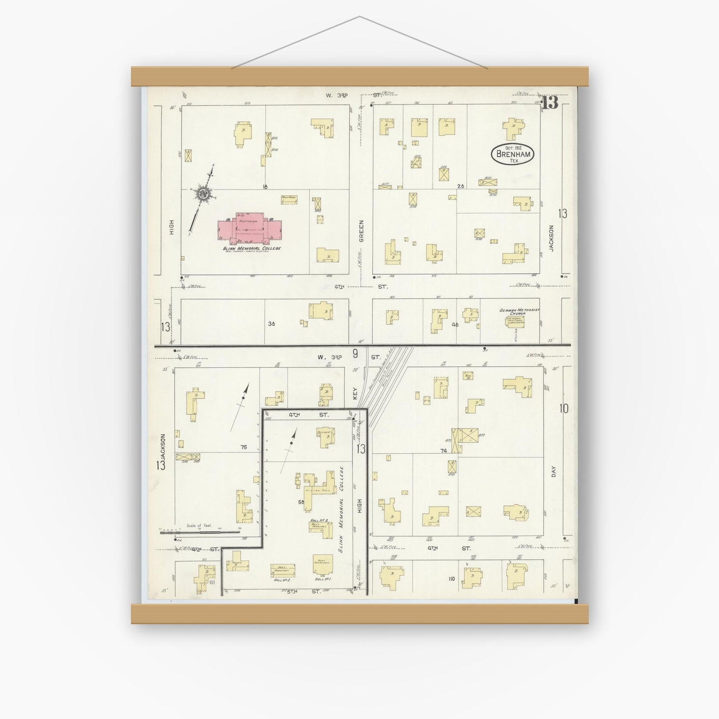 Old map wall art mockup — magnetic wood frame on white wall — Sanborn Fire Insurance Map from Brenham, Washington County, Texas (1912), Sheet #0013