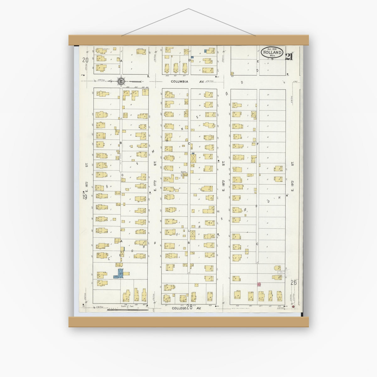 Old map wall art mockup — magnetic wood frame on white wall — Sanborn Fire Insurance Map from Holland, Ottawa County, Michigan (1916), Sheet #0021