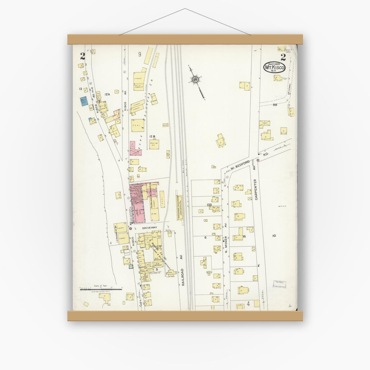 Old map wall art mockup — magnetic wood frame on white wall — Sanborn Fire Insurance Map from Mount Kisco, Westchester County, New York (1925), Sheet #0002