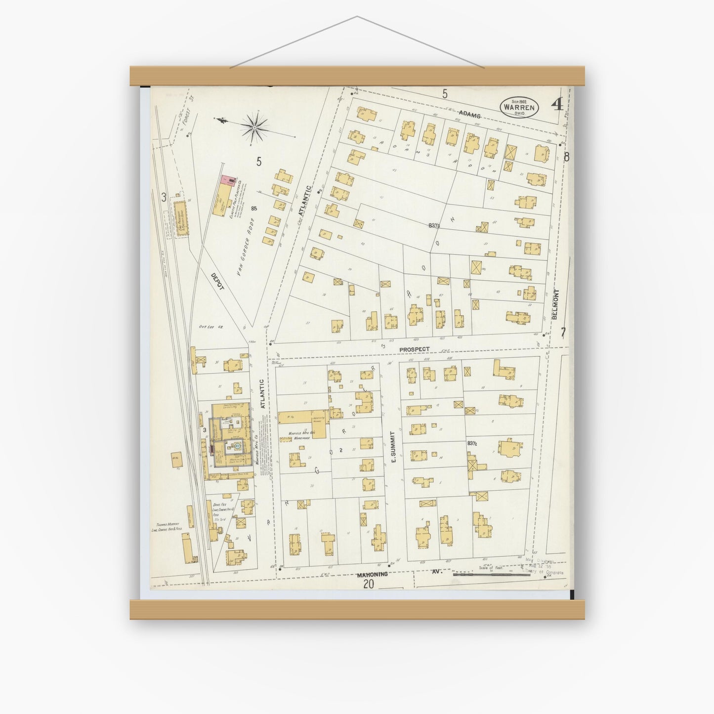 Old map wall art mockup — magnetic wood frame on white wall — Sanborn Fire Insurance Map from Warren, Trumbull County, Ohio (1902), Sheet #0004