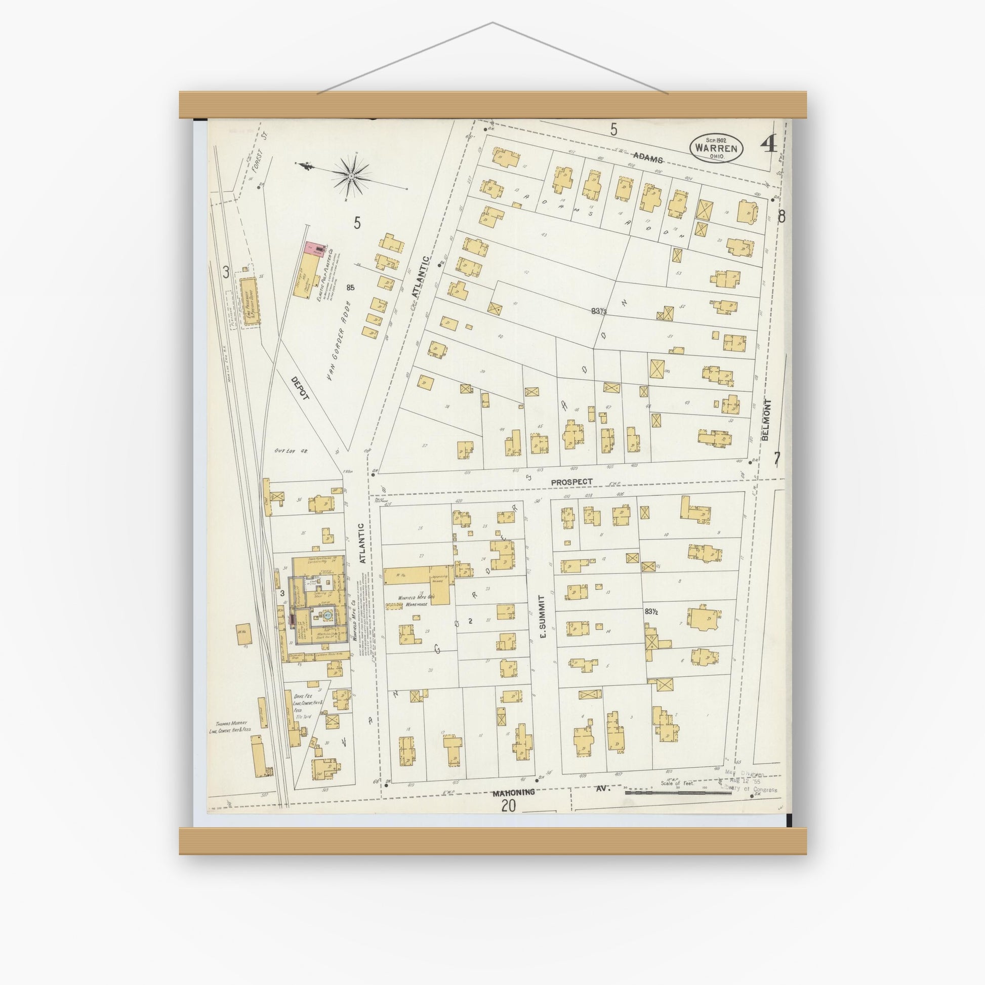 Old map wall art mockup — magnetic wood frame on white wall — Sanborn Fire Insurance Map from Warren, Trumbull County, Ohio (1902), Sheet #0004