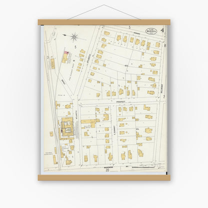 Old map wall art mockup — magnetic wood frame on white wall — Sanborn Fire Insurance Map from Warren, Trumbull County, Ohio (1902), Sheet #0004