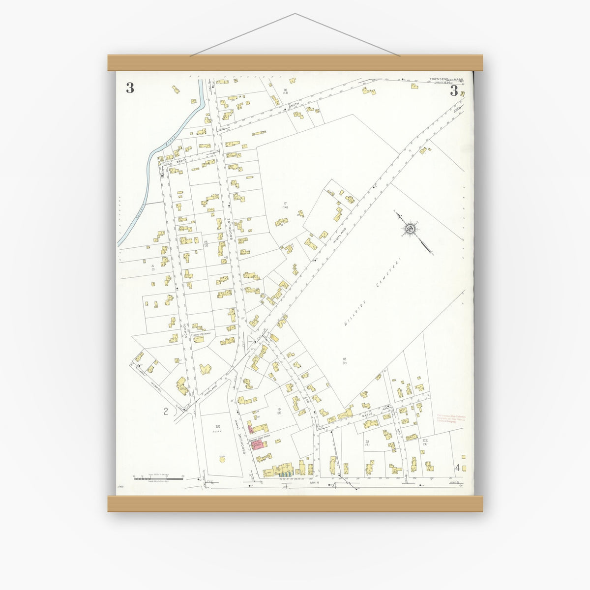 Old map wall art mockup — magnetic wood frame on white wall — Sanborn Fire Insurance Map from Townsend, Middlesex County, Massachusetts (1936), Sheet #0003