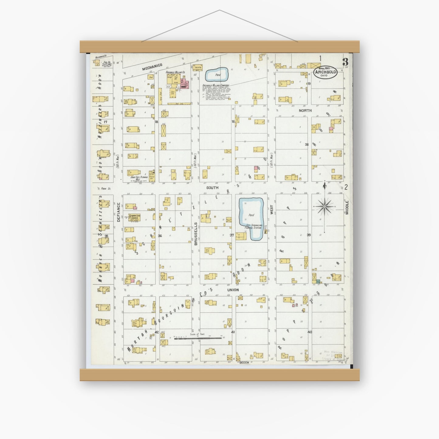 Old map wall art mockup — magnetic wood frame on white wall — Sanborn Fire Insurance Map from Archbold, Fulton County, Ohio (1901), Sheet #0003