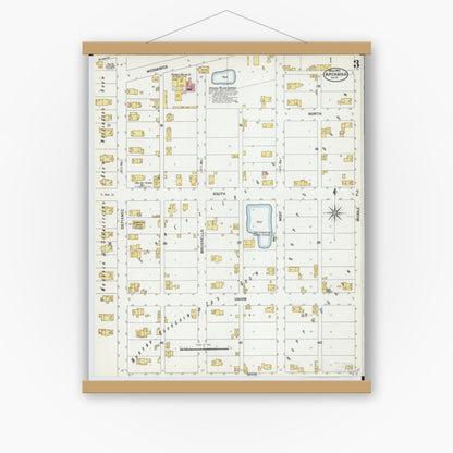 Old map wall art mockup — magnetic wood frame on white wall — Sanborn Fire Insurance Map from Archbold, Fulton County, Ohio (1901), Sheet #0003