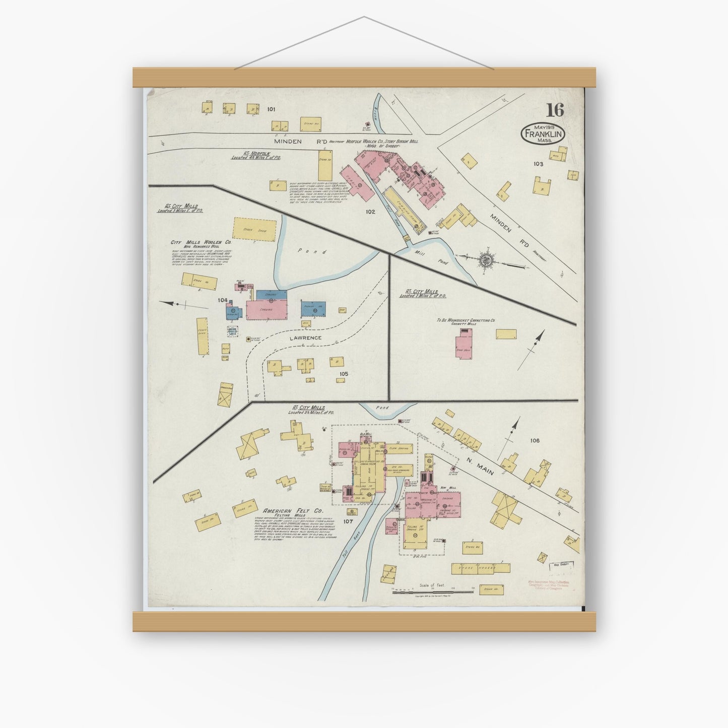 Old map wall art mockup — magnetic wood frame on white wall — Sanborn Fire Insurance Map from Franklin, Norfolk County, Massachusetts (1919), Sheet #0016