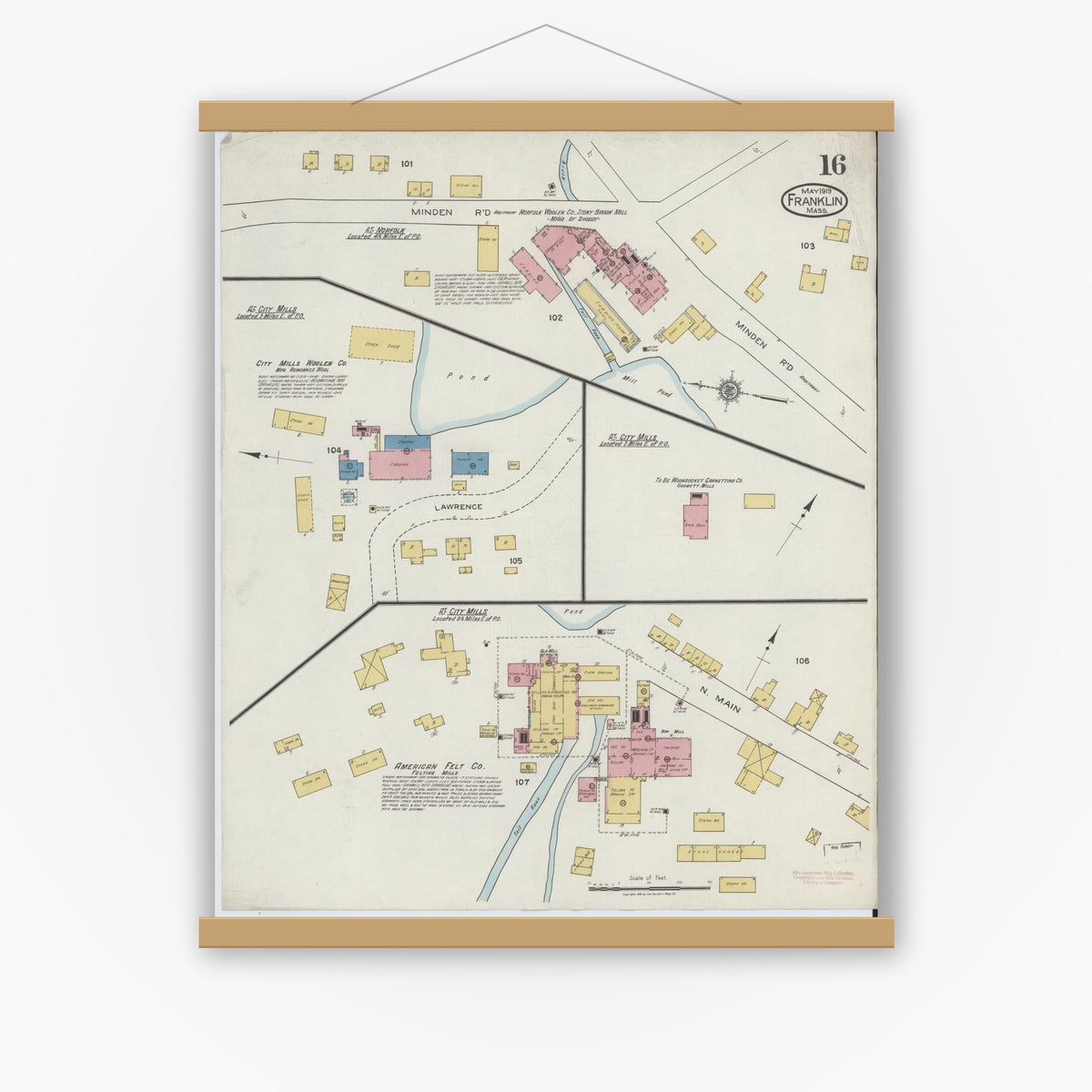 Old map wall art mockup — magnetic wood frame on white wall — Sanborn Fire Insurance Map from Franklin, Norfolk County, Massachusetts (1919), Sheet #0016