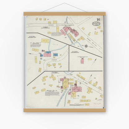 Old map wall art mockup — magnetic wood frame on white wall — Sanborn Fire Insurance Map from Franklin, Norfolk County, Massachusetts (1919), Sheet #0016