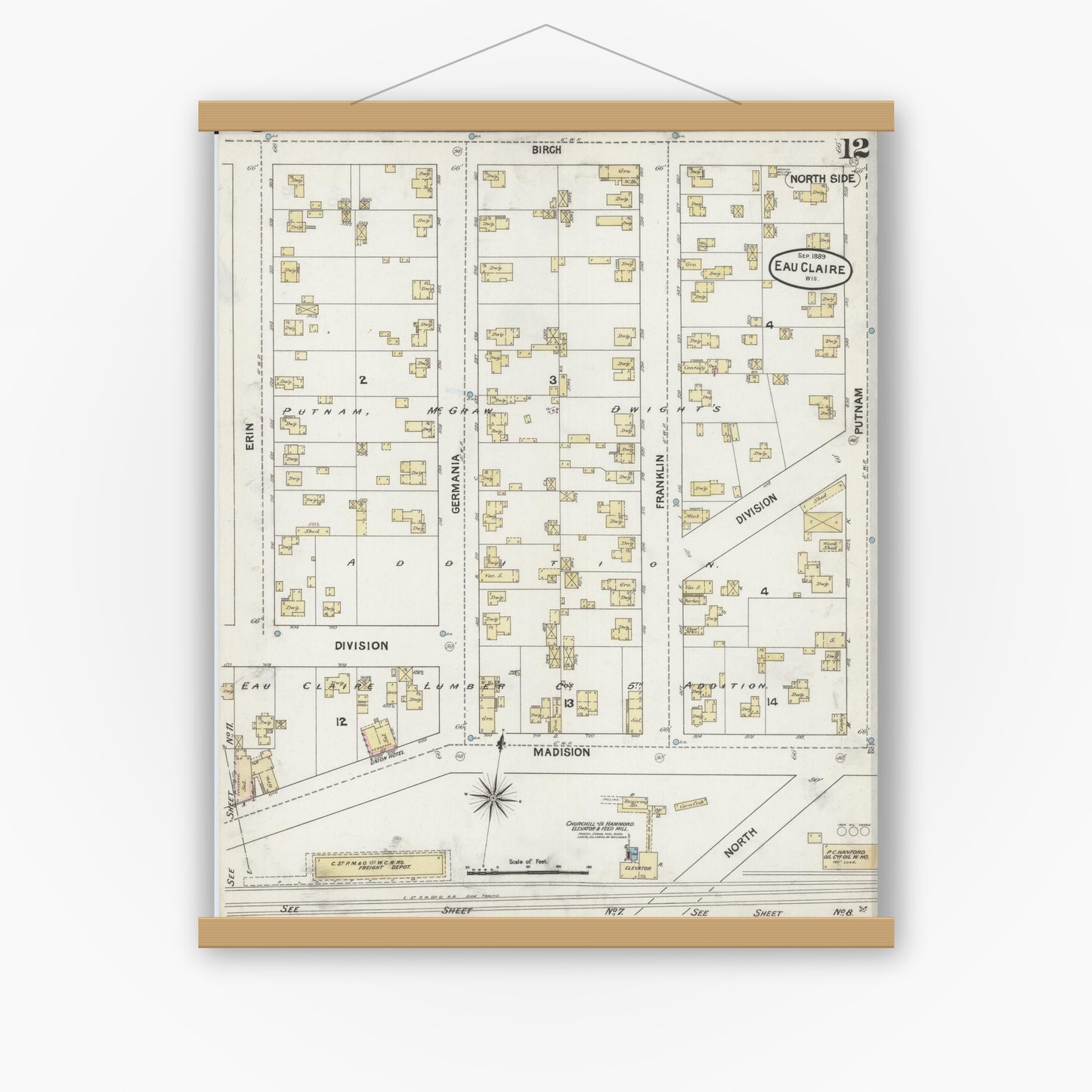 Old map wall art mockup — magnetic wood frame on white wall — Sanborn Fire Insurance Map from Eau Claire, Eau Claire County, Wisconsin (1889), Sheet #0012
