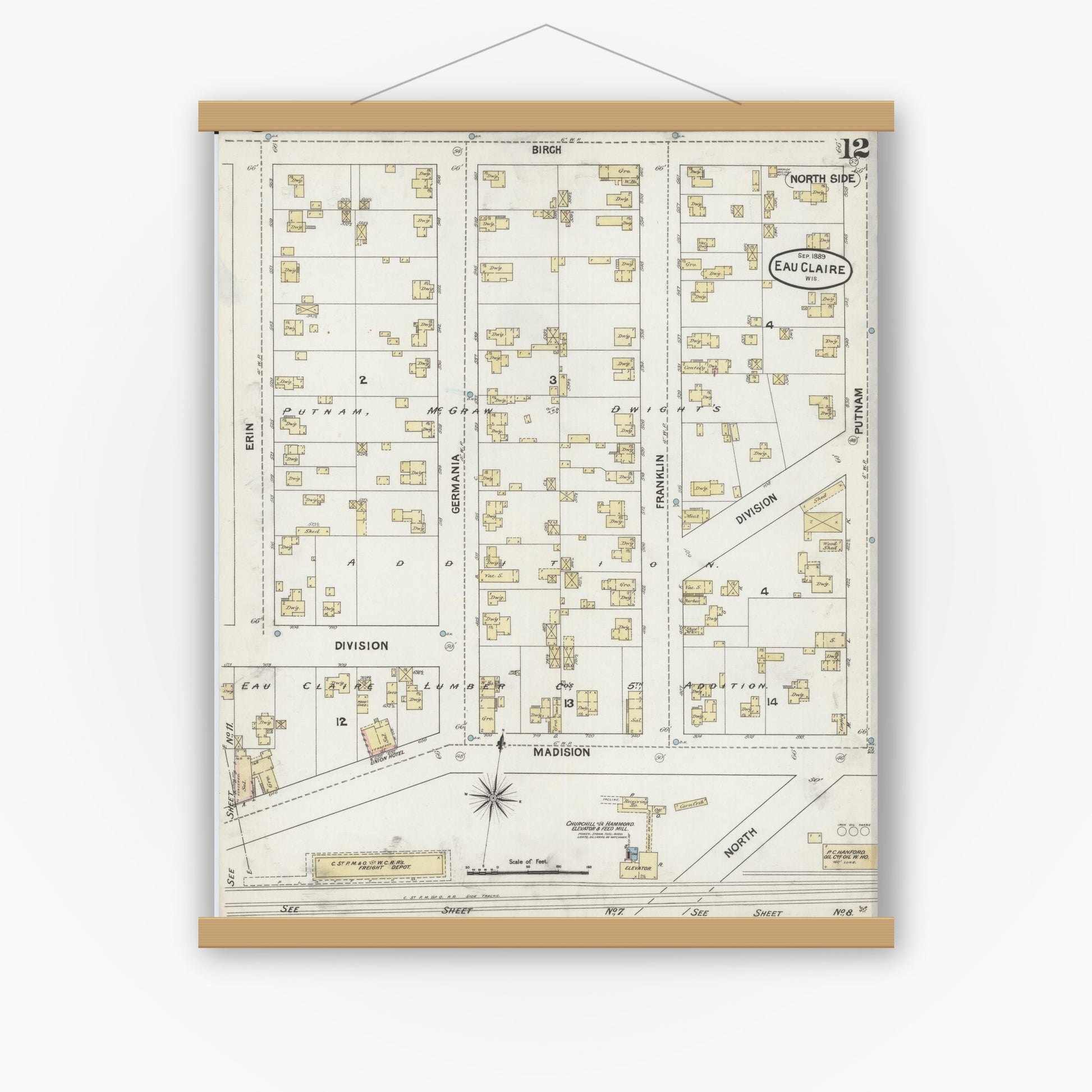 Old map wall art mockup — magnetic wood frame on white wall — Sanborn Fire Insurance Map from Eau Claire, Eau Claire County, Wisconsin (1889), Sheet #0012