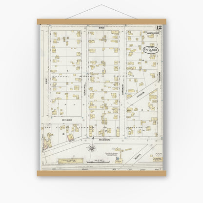 Old map wall art mockup — magnetic wood frame on white wall — Sanborn Fire Insurance Map from Eau Claire, Eau Claire County, Wisconsin (1889), Sheet #0012