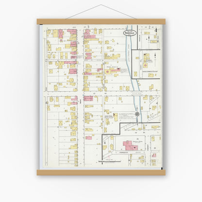 Old map wall art mockup — magnetic wood frame on white wall — Sanborn Fire Insurance Map from Roseville, Perry And Muskingum Counties, Ohio (1918), Sheet #0004