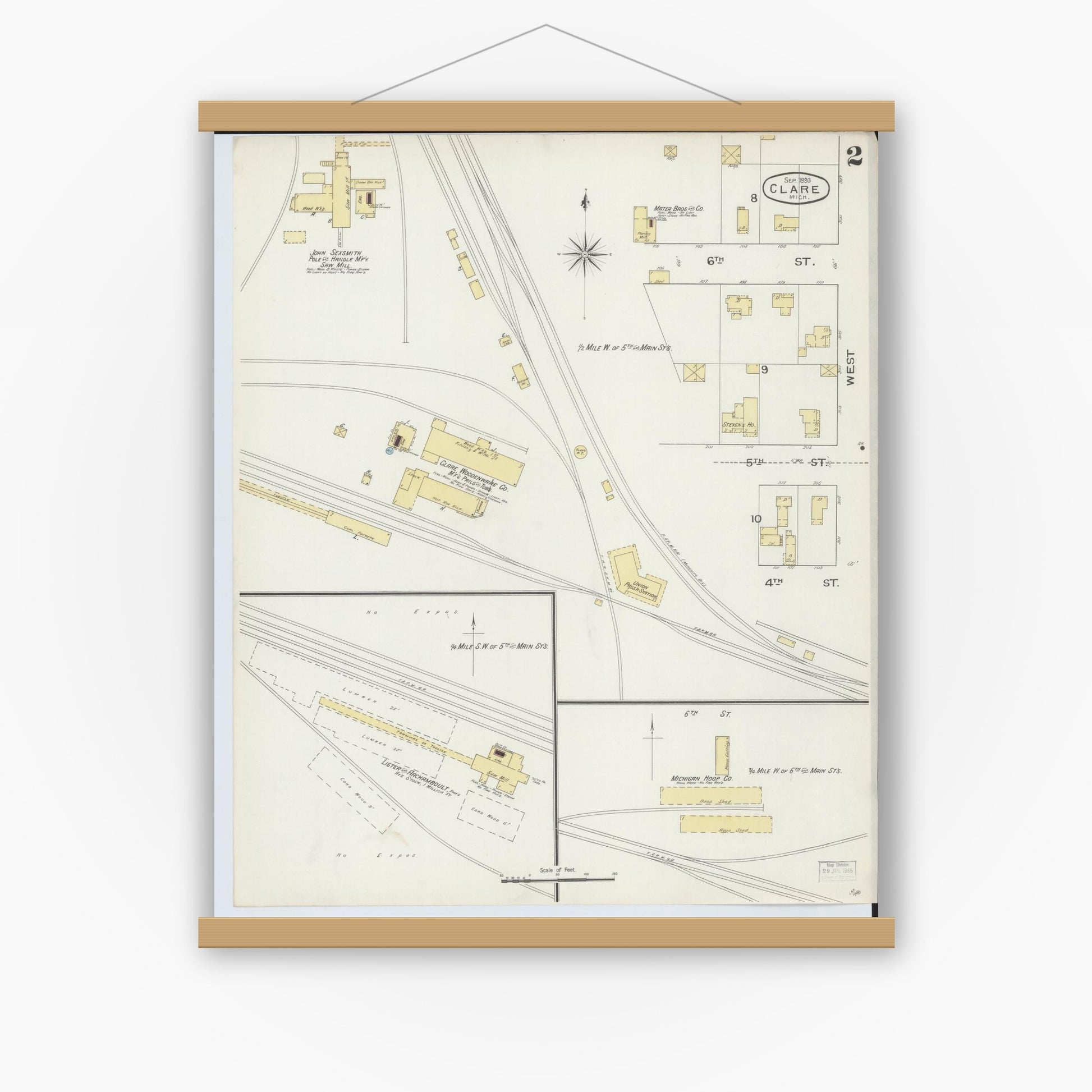 Old map wall art mockup — magnetic wood frame on white wall — Sanborn Fire Insurance Map from Clare, Clare County, Michigan (1893), Sheet #0002