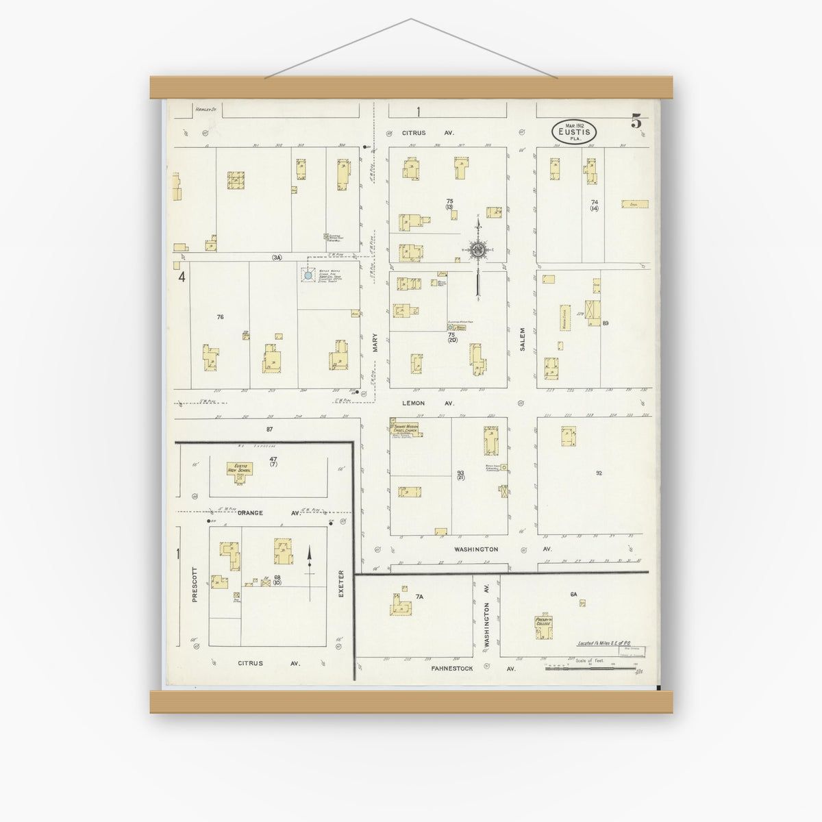 Old map wall art mockup — magnetic wood frame on white wall — Sanborn Fire Insurance Map from Eustis, Lake County, Florida (1912), Sheet #0005