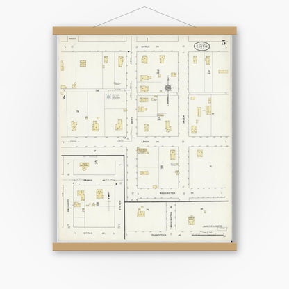Old map wall art mockup — magnetic wood frame on white wall — Sanborn Fire Insurance Map from Eustis, Lake County, Florida (1912), Sheet #0005