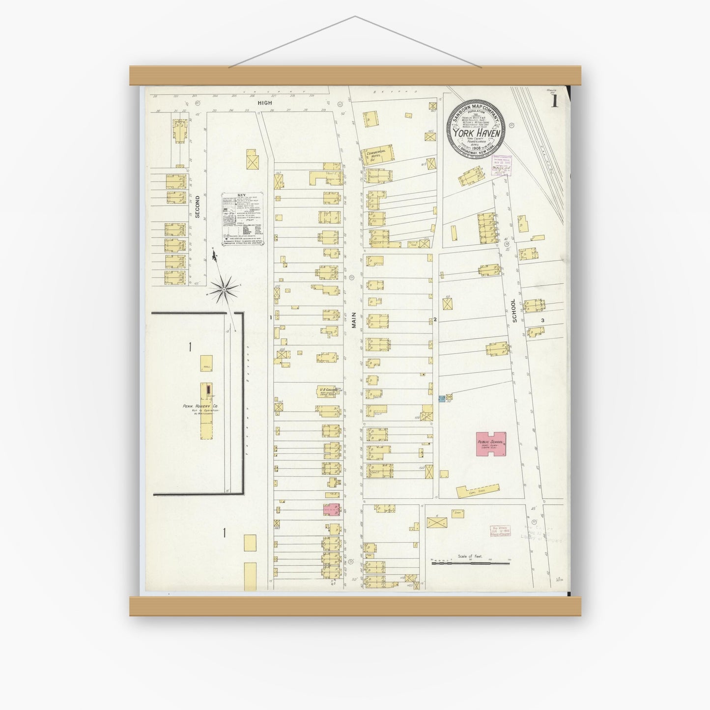 Old map wall art mockup — magnetic wood frame on white wall — Sanborn Fire Insurance Map from York Haven, York County, Pennsylvania (1908), Sheet #0001