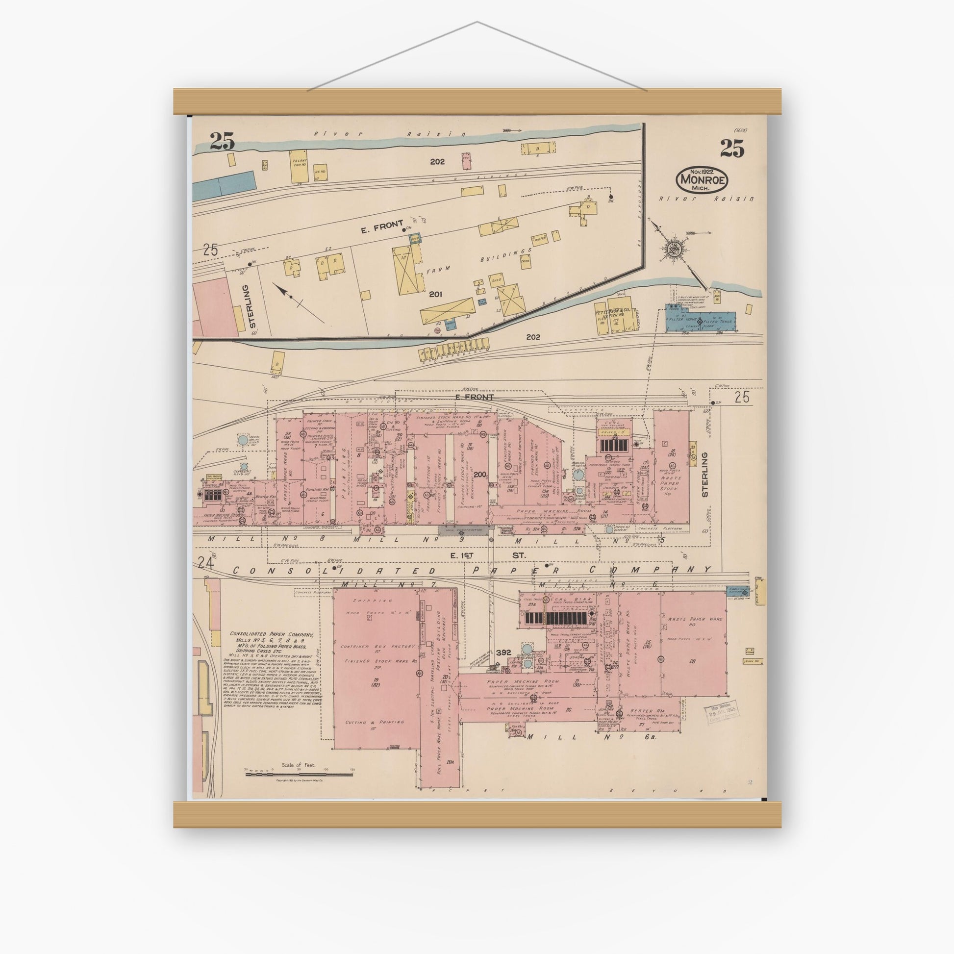 Old map wall art mockup — magnetic wood frame on white wall — Sanborn Fire Insurance Map from Monroe, Monroe County, Michigan (1922), Sheet #0025