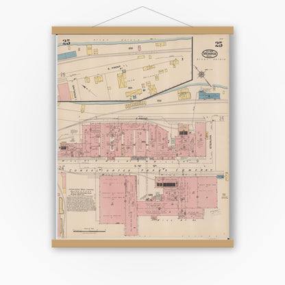 Old map wall art mockup — magnetic wood frame on white wall — Sanborn Fire Insurance Map from Monroe, Monroe County, Michigan (1922), Sheet #0025