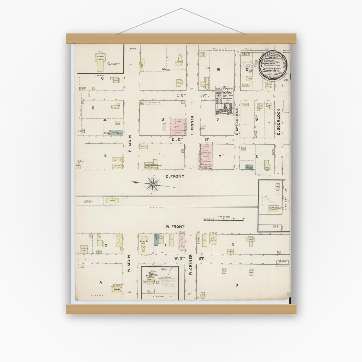 Old map wall art mockup — magnetic wood frame on white wall — Sanborn Fire Insurance Map from Grandview, Johnson County, Texas (1888), Sheet #0001