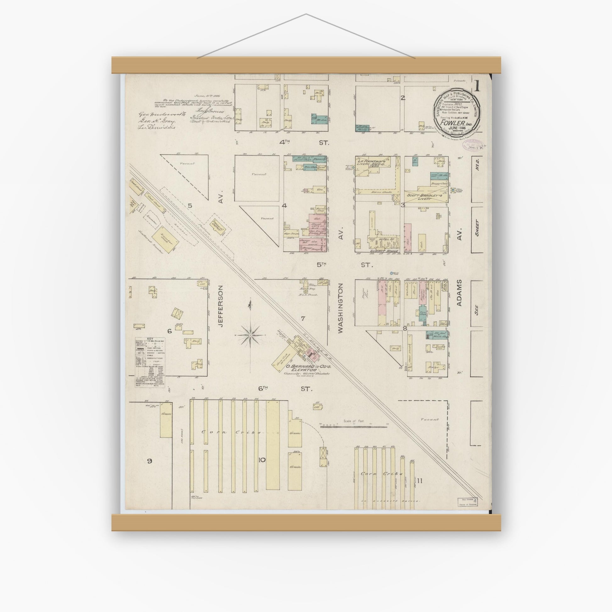 Old map wall art mockup — magnetic wood frame on white wall — Sanborn Fire Insurance Map from Fowler, Benton County, Indiana (1886) - Complete Map Set