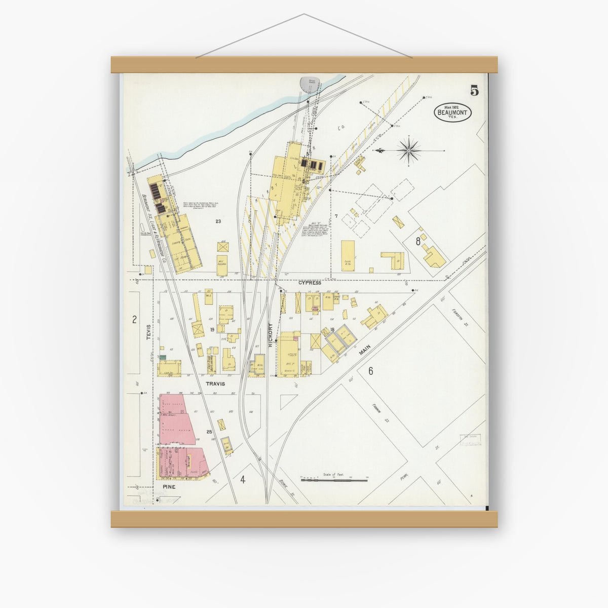 Old map wall art mockup — magnetic wood frame on white wall — Sanborn Fire Insurance Map from Beaumont, Jefferson County, Texas (1902), Sheet #0005