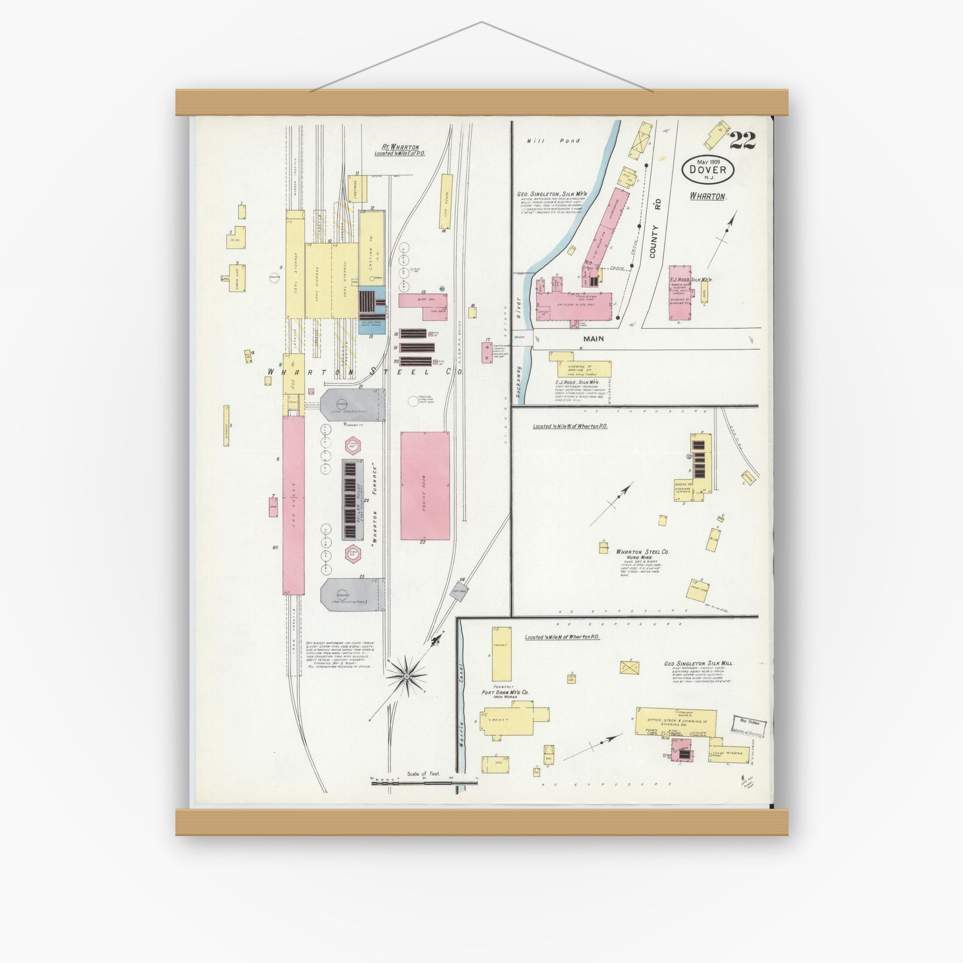 Old map wall art mockup — magnetic wood frame on white wall — Sanborn Fire Insurance Map from Dover, Morris County, New Jersey (1909), Sheet #0022