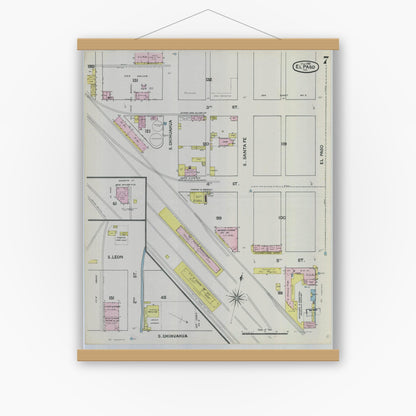 Old map wall art mockup — magnetic wood frame on white wall — Sanborn Fire Insurance Map from El Paso, El Paso County, Texas (1888), Sheet #0007