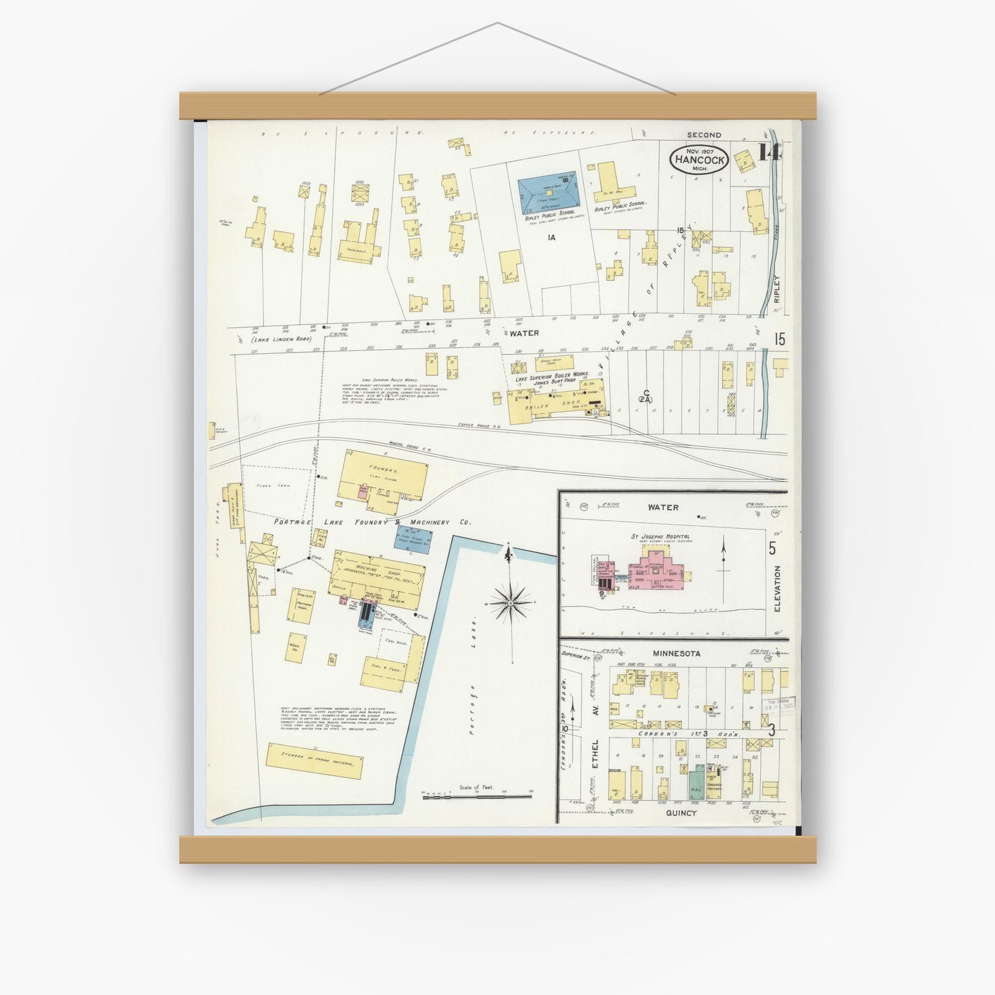 Old map wall art mockup — magnetic wood frame on white wall — Sanborn Fire Insurance Map from Hancock, Houghton County, Michigan (1907), Sheet #0014