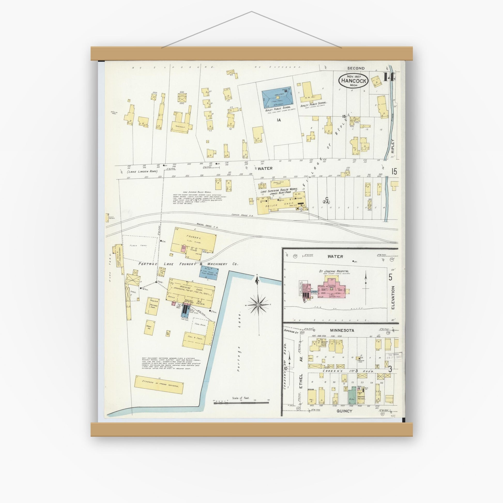 Old map wall art mockup — magnetic wood frame on white wall — Sanborn Fire Insurance Map from Hancock, Houghton County, Michigan (1907), Sheet #0014