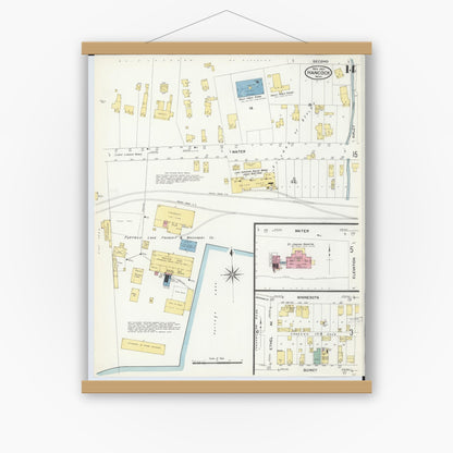 Old map wall art mockup — magnetic wood frame on white wall — Sanborn Fire Insurance Map from Hancock, Houghton County, Michigan (1907), Sheet #0014