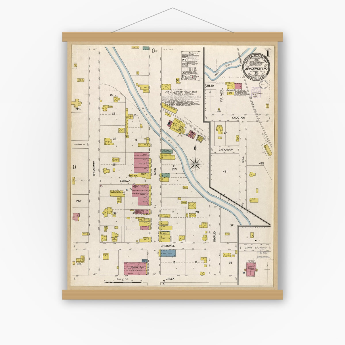 Old map wall art mockup — magnetic wood frame on white wall — Sanborn Fire Insurance Map from Southwest City, Mcdonald County, Missouri (1902), Sheet #0001