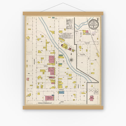 Old map wall art mockup — magnetic wood frame on white wall — Sanborn Fire Insurance Map from Southwest City, Mcdonald County, Missouri (1902), Sheet #0001