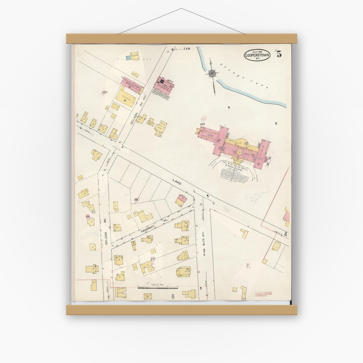 Old map wall art mockup — magnetic wood frame on white wall — Sanborn Fire Insurance Map from Cooperstown, Otsego County, New York (1949), Sheet #0005