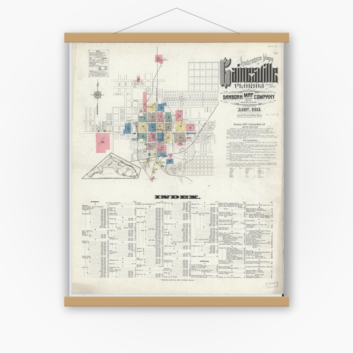 Old map wall art mockup — magnetic wood frame on white wall — Sanborn Fire Insurance Map from Gainesville, Alachua County, Florida (1913) - Complete Map Set