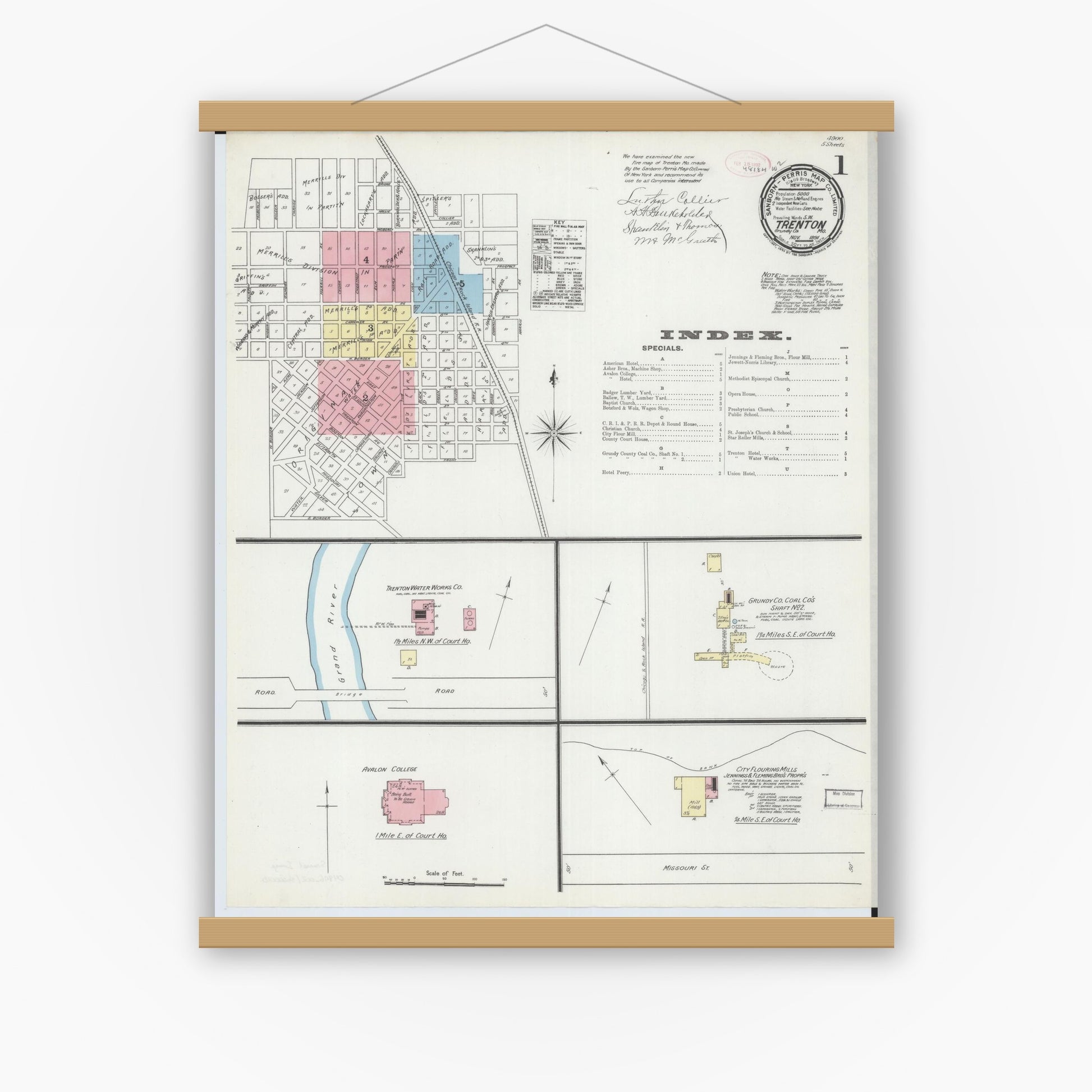 Old map wall art mockup — magnetic wood frame on white wall — Sanborn Fire Insurance Map from Trenton, Grundy County, Missouri (1891), Sheet #0001
