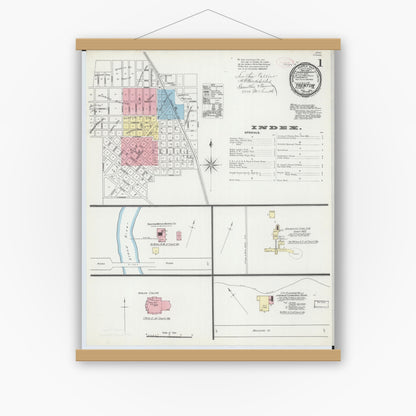 Old map wall art mockup — magnetic wood frame on white wall — Sanborn Fire Insurance Map from Trenton, Grundy County, Missouri (1891), Sheet #0001