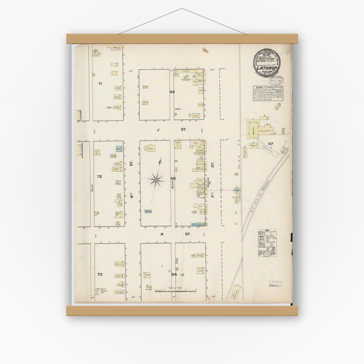 Old map wall art mockup — magnetic wood frame on white wall — Sanborn Fire Insurance Map from Lathrop, San Joaquin County, California (1884), Sheet #0001