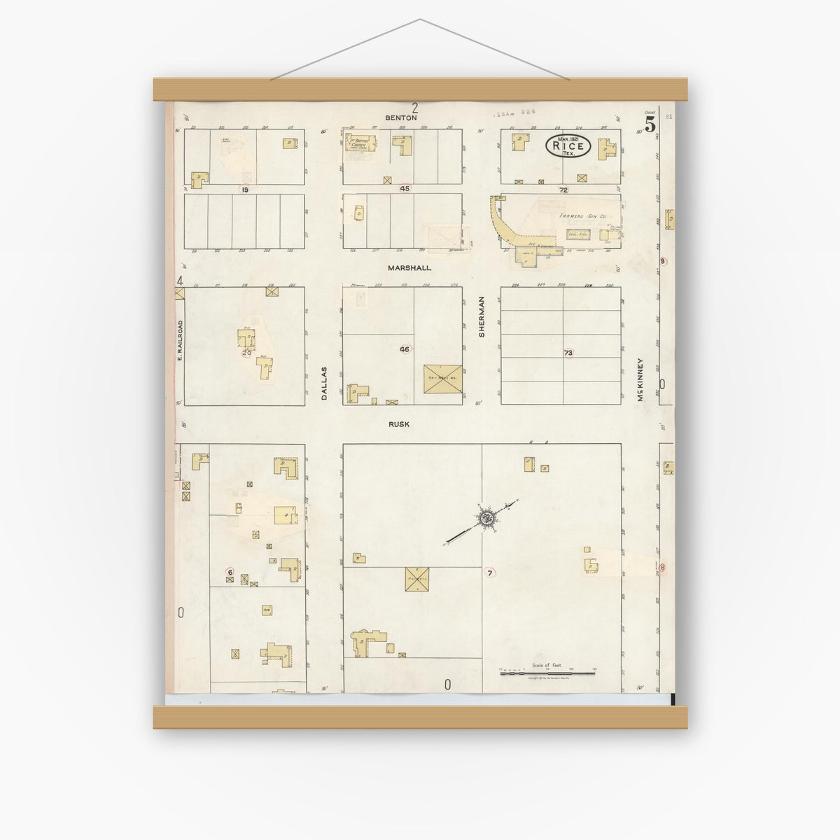 Old map wall art mockup — magnetic wood frame on white wall — Sanborn Fire Insurance Map from Rice, Navarro County, Texas (1935), Sheet #0005