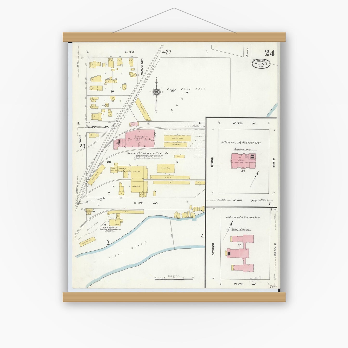Old map wall art mockup — magnetic wood frame on white wall — Sanborn Fire Insurance Map from Flint, Genesee County, Michigan (1909), Sheet #0024