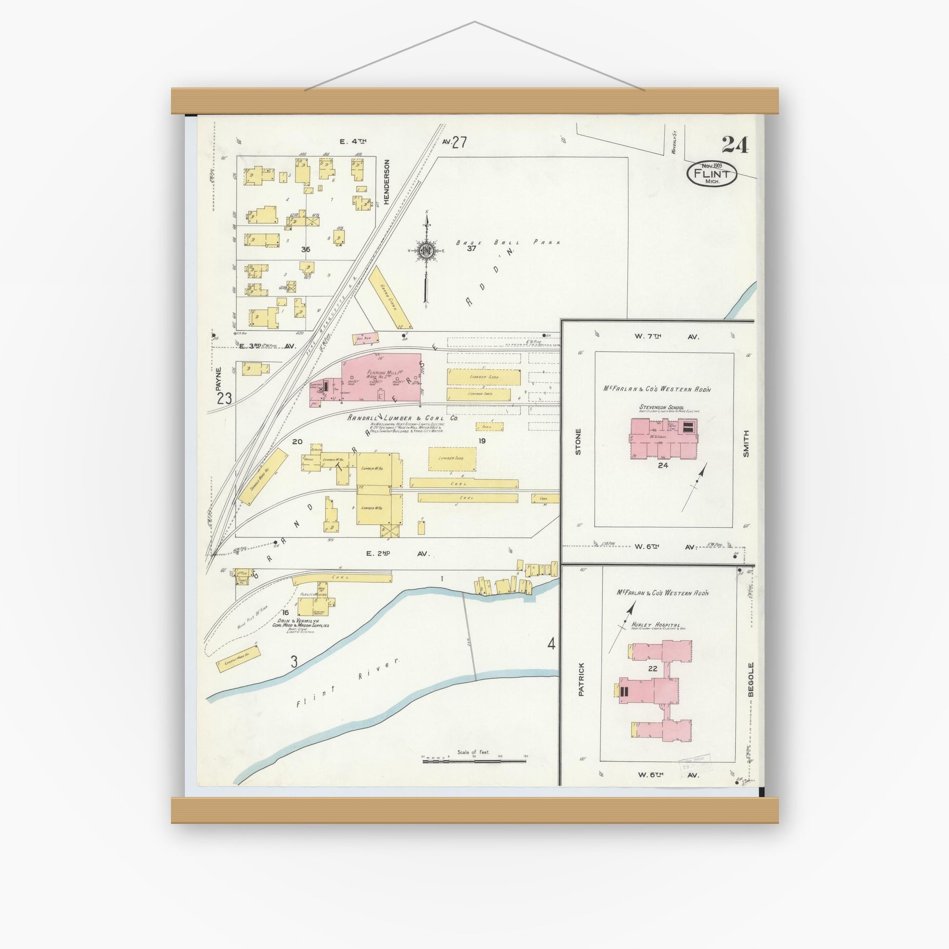 Old map wall art mockup — magnetic wood frame on white wall — Sanborn Fire Insurance Map from Flint, Genesee County, Michigan (1909), Sheet #0024