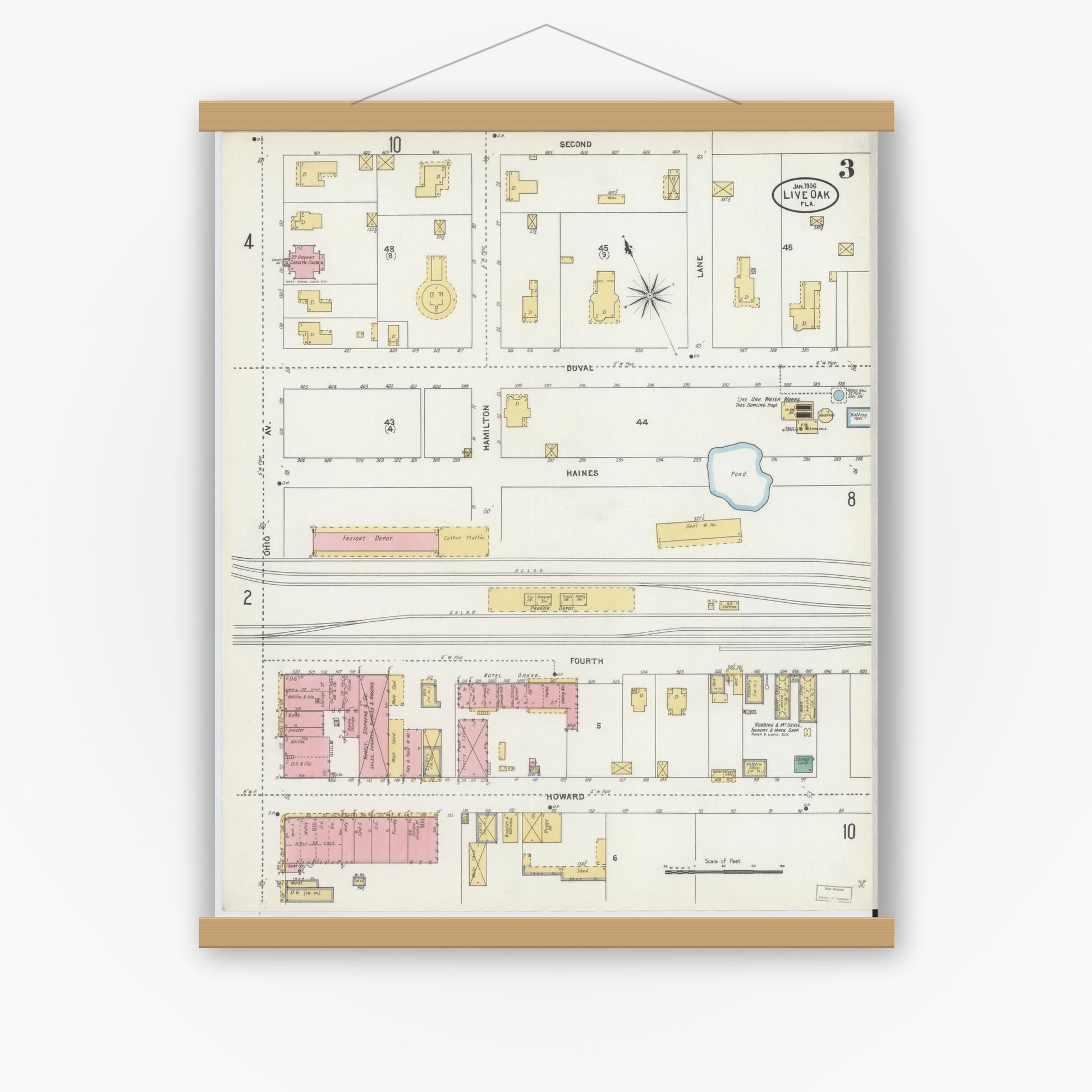 Old map wall art mockup — magnetic wood frame on white wall — Sanborn Fire Insurance Map from Live Oak, Suwanee County, Florida (1906), Sheet #0003