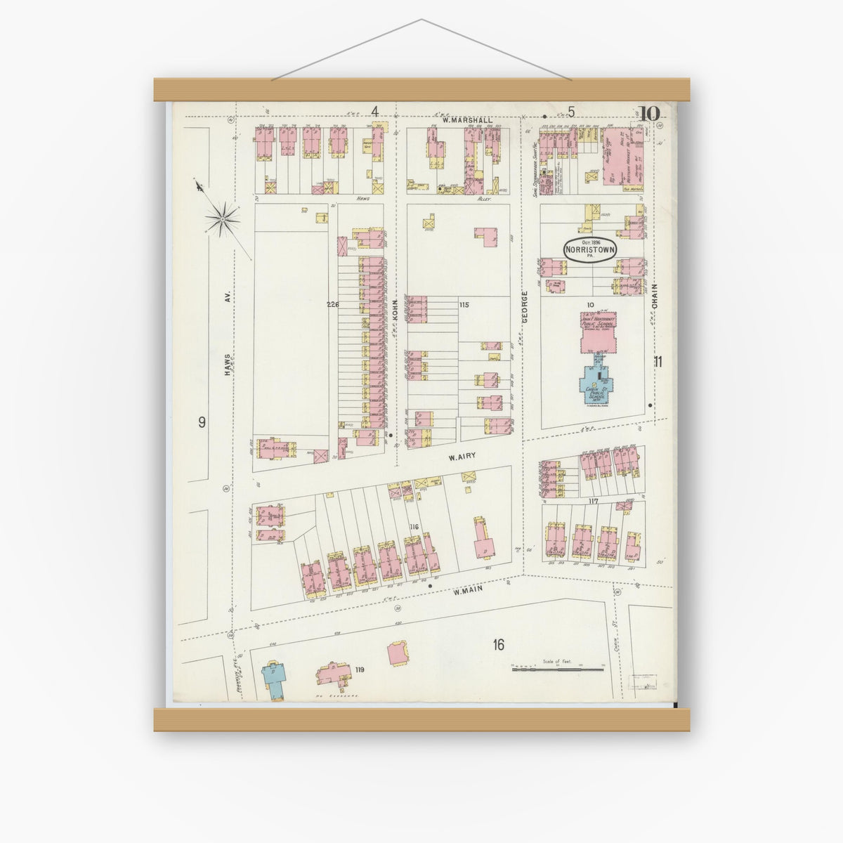 Old map wall art mockup — magnetic wood frame on white wall — Sanborn Fire Insurance Map from Norristown, Montgomery County, Pennsylvania (1896), Sheet #0010