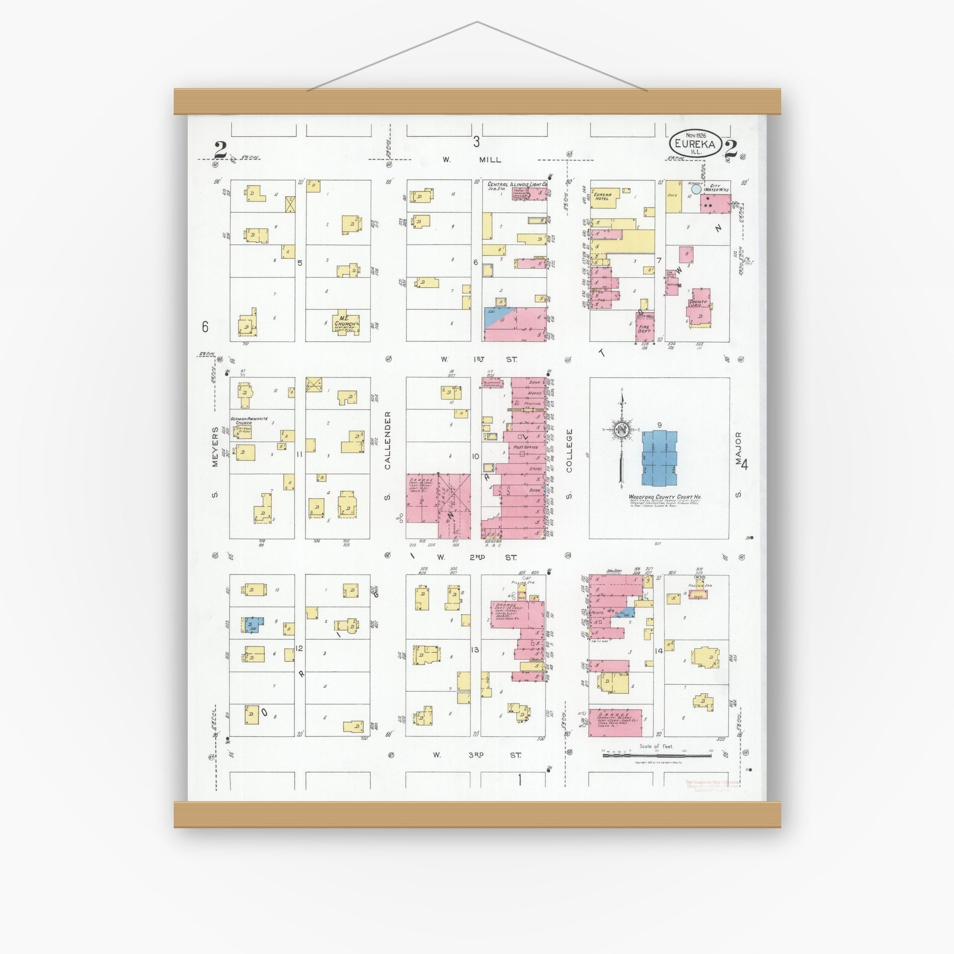 Old map wall art mockup — magnetic wood frame on white wall — Sanborn Fire Insurance Map from Eureka, Woodford County, Illinois (1926), Sheet #0002