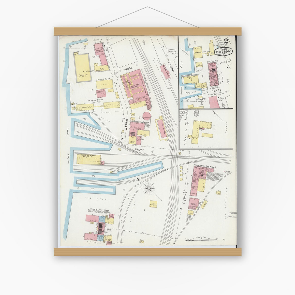 Old map wall art mockup — magnetic wood frame on white wall — Sanborn Fire Insurance Map from Hudson, Columbia County, New York (1895), Sheet #0002