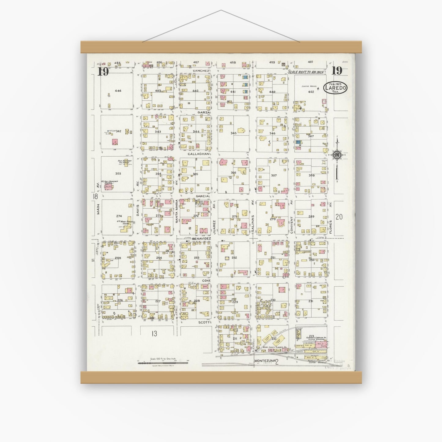 Old map wall art mockup — magnetic wood frame on white wall — Sanborn Fire Insurance Map from Laredo, Webb County, Texas (1925), Sheet #0019